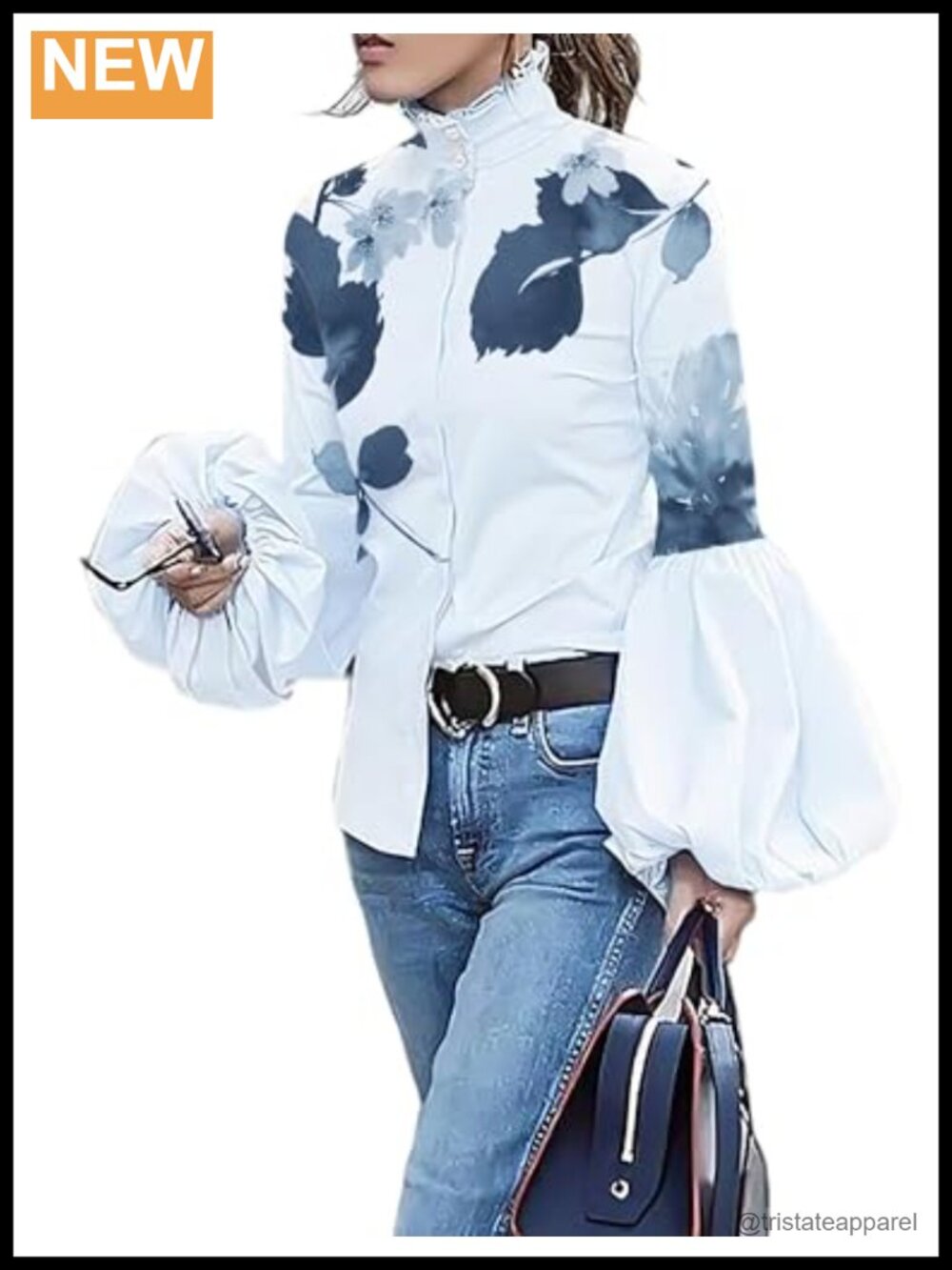 Women's Puff Sleeve Floral Button Down Shirt Ruffle Collar Cotton Blend